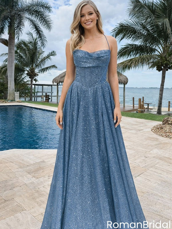 Beautiful Sparkly Blue A-Line Prom Gown with Corset Bodice & Thin Straps,OLP1941
