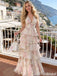 Floral Print V Neck Prom Dress Tiered Ruffle Chiffon Sleeveless Summer Gown,OLP2062