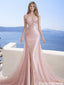 Glamorous Rose Gold Sequin Prom Dress Bardot Sleeves Luxury Cathedral Train,OLP2008