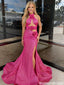 Stunning Hot Pink Halter Prom Gown Triple Rosette Cutout Satin High Slit Dress,OLP1881