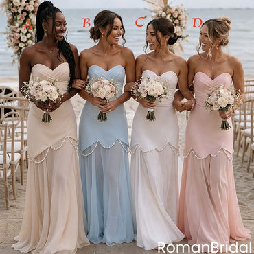 Classy Pearl Trimmed Mermaid Bridesmaid Dress Strapless Scalloped Hemline,BG957