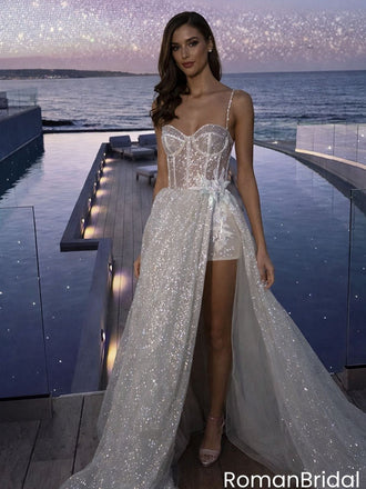 Fancy Silver Sequin Prom Gown Sheer Corset Bodice Mini Dress Tulle Overskirt,OLP2119
