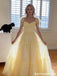 Pretty Yellow Sweetheart Tulle Prom Gown Flutter Sleeve Tiered A-Line Dress,OLP2052