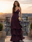 Elegant Purple Chiffon Evening Dress Tiered Ruffle Skirt V Neck Sexy Prom Gown,OLP1914