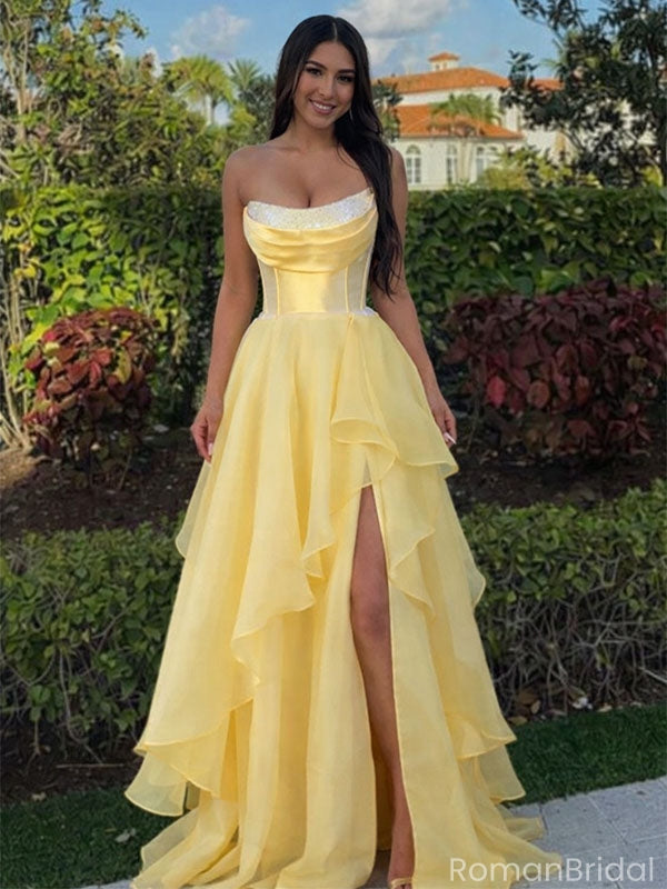 Unique Yellow Ruffle Prom Gown Strapless Cowl Neck High-Low Tiered Dress,OLP1853