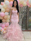 Fancy Pink Sweetheart Corset Prom Dress 3D Floral Ruffle Tiered Mermaid Gown,OLP1842