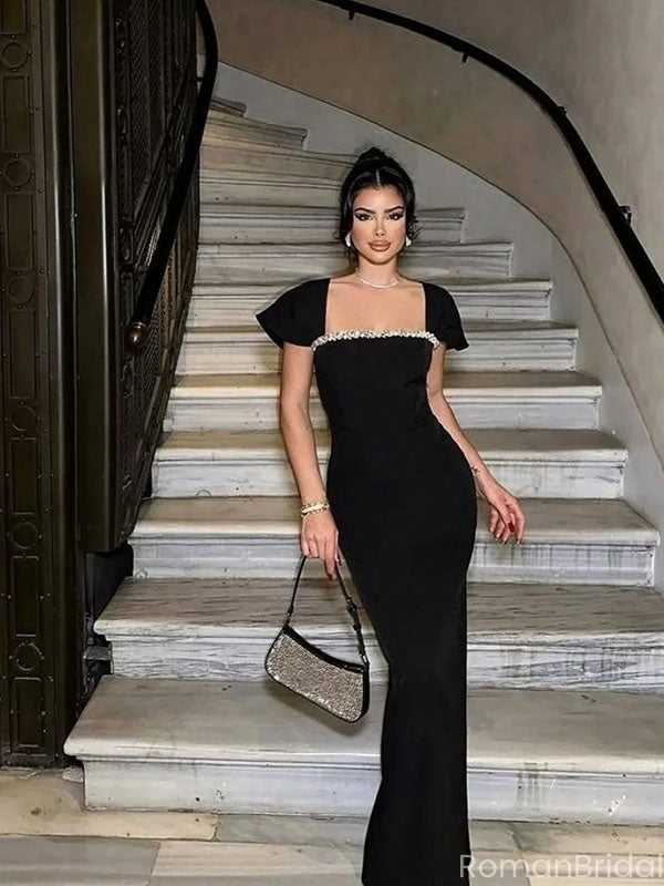 Unique Black Short Sleeve Mermaid Side Slit Long Prom Dress Ideas, Evening Party Dresses, OLP1404