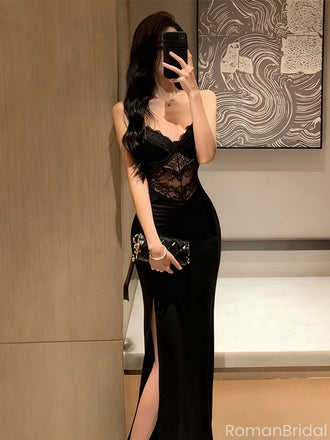 Sexy Black Spaghetti Strap Mermaid Side Slit Lace Long Prom Dress Ideas, Evening Party Dresses , OLP1217
