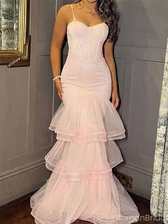 Elegant Pink Spaghetti Strap Mermaid Long Prom Dress Ideas, Evening Party Dresses, OLP1429