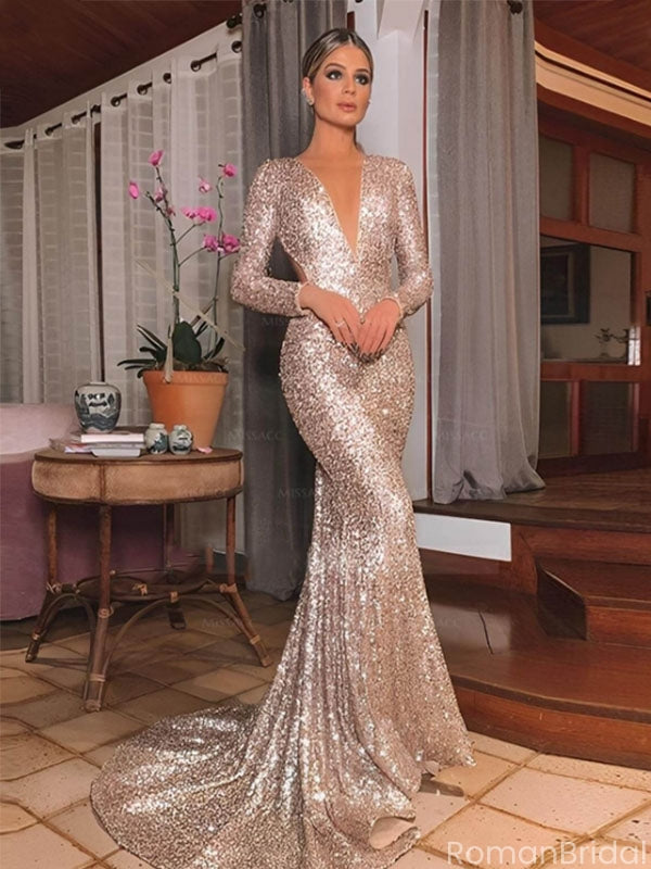 Sparkly Champagne V-Neck Long Sleeve Mermaid Long Prom Dress Ideas, Evening Party Dresses, OLP1617