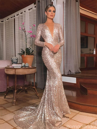 LYKYCYFG Long Sleeve Mermaid Prom Dress – Satin With Crystal Embellishment, V-Neck Evening Gown For Parties