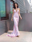 Sexy V Neck Pink Satin Prom Dress Sleeveless Mermaid Gown with High Slit, OLP1692