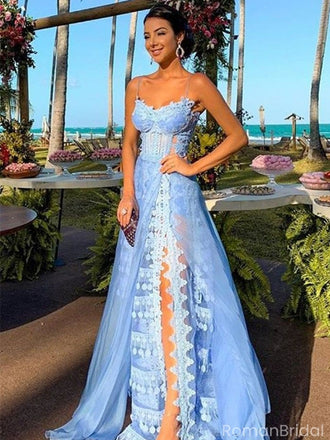 Unique Blue Spaghetti Strap A-Line Side Slit Sleeveless Long Prom Dress Ideas, Evening Party Dresses, OLP1324