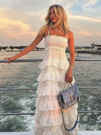 Pretty White Tiered Tulle Prom Dress Sexy Smocked Bodice Sleeveless A-Line Gown,OLP1830