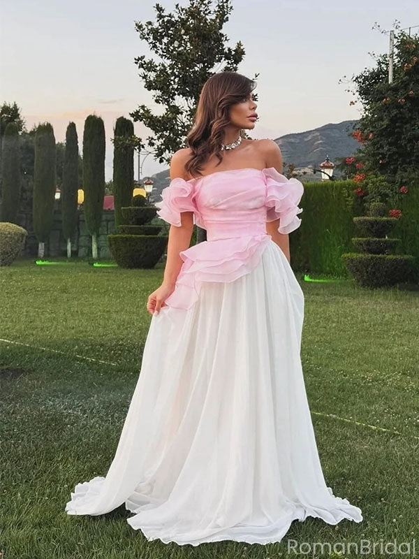 Elgant Pink Off-Shoulder A-Line Long Prom Dress Ideas, Evening Party Dresses, OLP1535