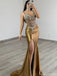 Elegant Gold Spaghetti Strap Mermaid Long Prom Dress Ideas, Evening Party Dresses, OLP1632