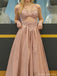 Modern Pink A-Line Prom Dress Unique Cut-Out Bodice Strappy V-Neck Pleated Evening Gown,OLP1723