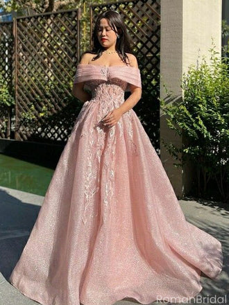Charming Pink Off-Shoulder A-Line Long Prom Dress Ideas, Evening Party Dresses, OLP1566