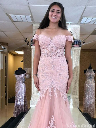 Elegant Pink Lace Applique Off-Shoulder Sleeveless Mermaid  Long Prom Dress Ideas, Evening Party Dresses, OLP1335