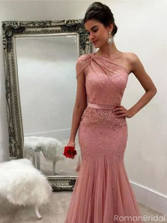Sparkly Pink One-Shoulder Mermaid Long Prom Dress Ideas, Evening Party Dresses, OLP1416