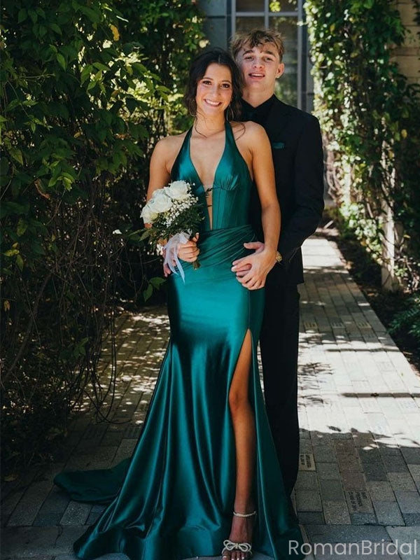 Elegant Green V-Neck Mermaid Side Slit Long Prom Dress Ideas, Evening Party Dresses, OLP1644