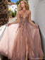 Shiny Pink V-Neck A-Line Side Slit Long Prom Dress Ideas, Evening Party Dresses, OLP1299