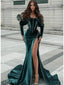 Elegant Long Sleeves Off the Shoulder Mermaid Velvet Long Prom Dresses with Side Slit, OL704
