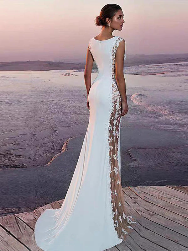 Elegant Sleeveless Mermaid Long Applique A-line Tulle Wedding Dresses, WD0533