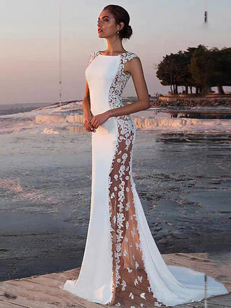 Elegant Sleeveless Mermaid Long Applique A-line Tulle Wedding Dresses, WD0533