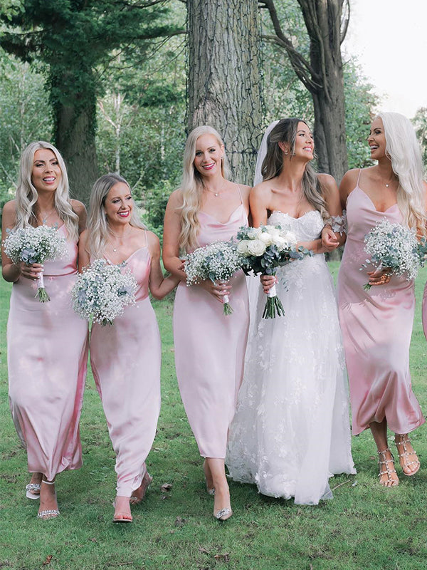 Elegant Spaghetti Straps Column Pink Bridesmaid Dresses Online, BG386