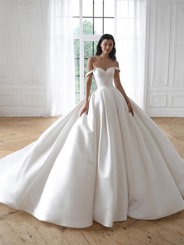 Elegant Off the Shoulder A-line White Satin Wedding Dresses, WD0535