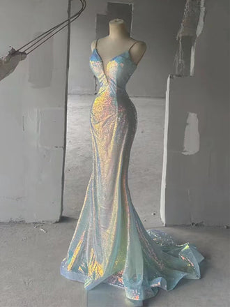 Sparkly Spaghetti Straps Mermaid V-neck Long Prom Dresses Online, OL709