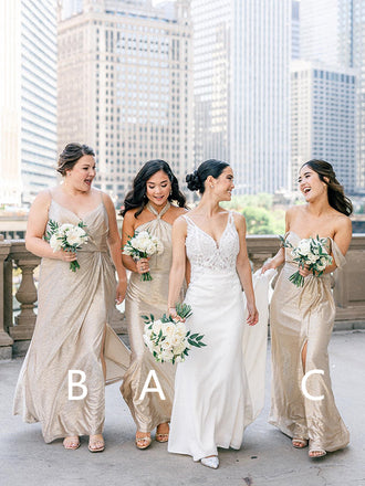 Mismatched Elegant Spaghetti Straps Off Shoulder Halter A-line Sleeveless Bridesmaid Dresses Online, BG388