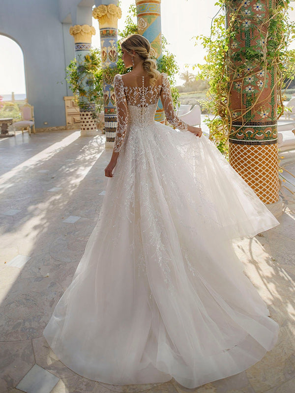 Elegant Long Sleeves A-line Applique Tulle White Wedding Dresses, WD0536