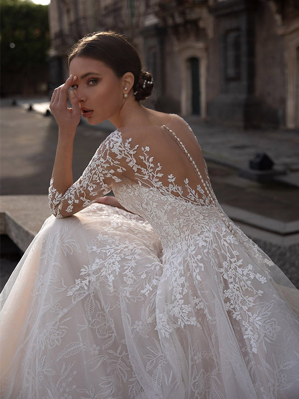 Elegant Long Sleeves A-line Applique Tulle White Wedding Dresses, WD0537