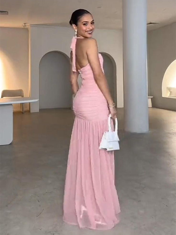 Sexy Halter Sleeveless Mermaid Chiffon Evening Prom Dresses Online, OLP909