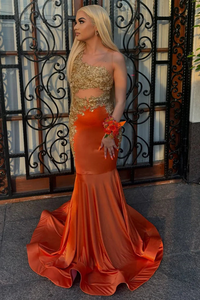 Sparkly Orange One-Shoulder Mermaid Long Prom Dress Ideas, Evening Party Dresses, OLP1452