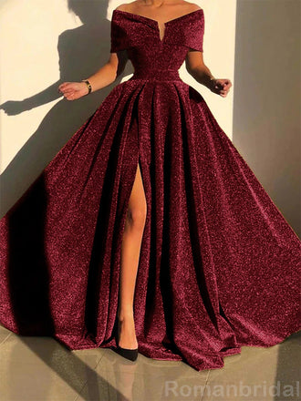 Elegant Off the Shoulder A-line Burgundy Evening Prom Dress with Front Slit, OL069