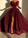 Elegant Off the Shoulder A-line Burgundy Evening Prom Dress with Front Slit, OL069