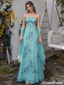 Unique Teal Embroidered Prom Dress Spaghetti Strap Tulle Evening Gown,OLP2462