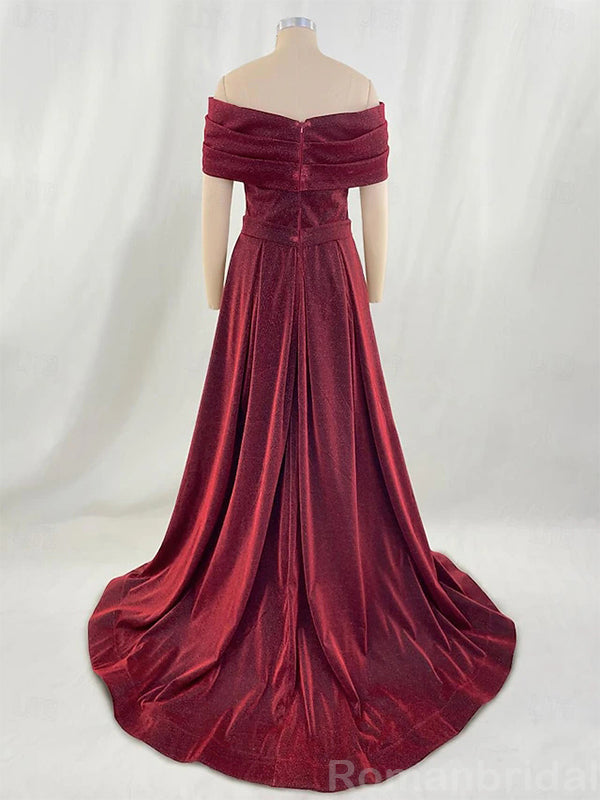 Elegant Off the Shoulder A-line Burgundy Evening Prom Dress with Front Slit, OL069