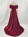 Elegant Off the Shoulder A-line Burgundy Evening Prom Dress with Front Slit, OL069