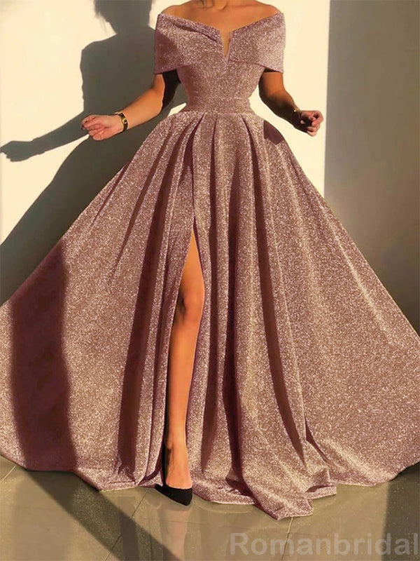 Elegant Off the Shoulder A-line Burgundy Evening Prom Dress with Front Slit, OL069