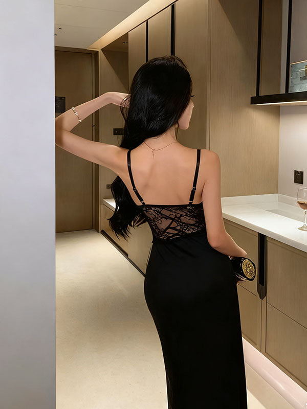 Sexy Black Spaghetti Strap Mermaid Side Slit Lace Long Prom Dress Ideas, Evening Party Dresses , OLP1217