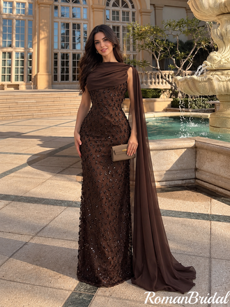 Classy Brown Sequin High-Neck Cape Sheath Evening Prom Dress,OLP2472