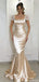 Classy Champagne Satin Prom Gown Lace Cap Sleeve Square Neck Ruched Mermaid Formal Dress,OLP1724