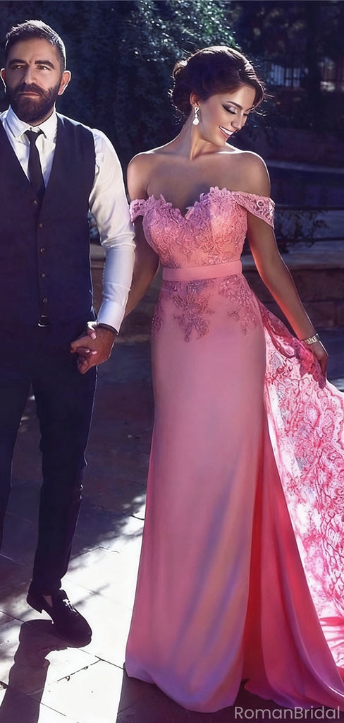 Elegant Pink Off-Shoulder Mermaid Long Prom Dress Ideas, Evening Party Dresses, OLP1417