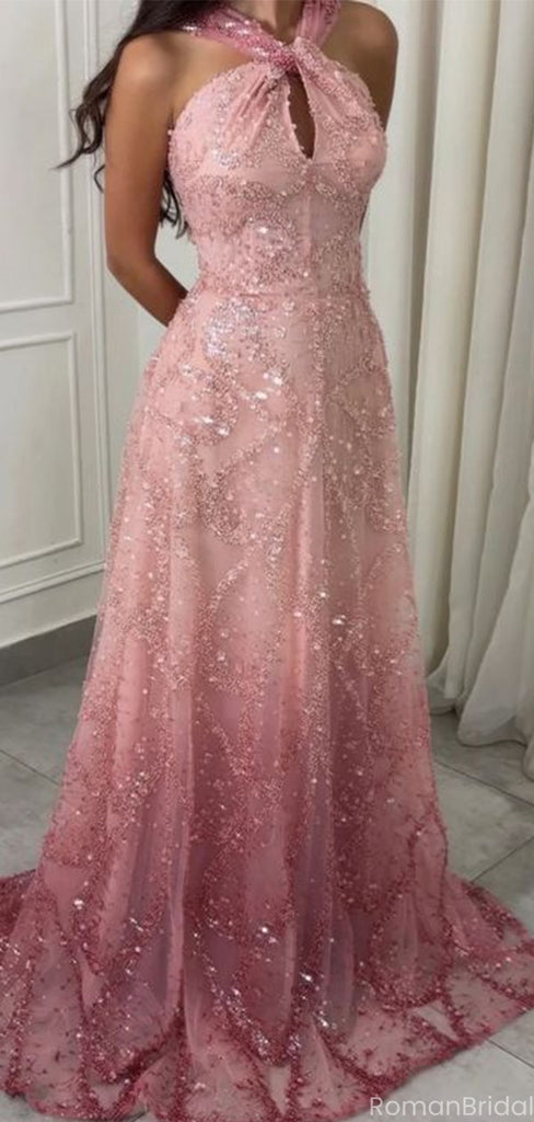 Sparkly Pink Halter A-Line Long Prom Dress Ideas, Evening Party Dresses, OLP1592