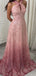 Sparkly Pink Halter A-Line Long Prom Dress Ideas, Evening Party Dresses, OLP1592
