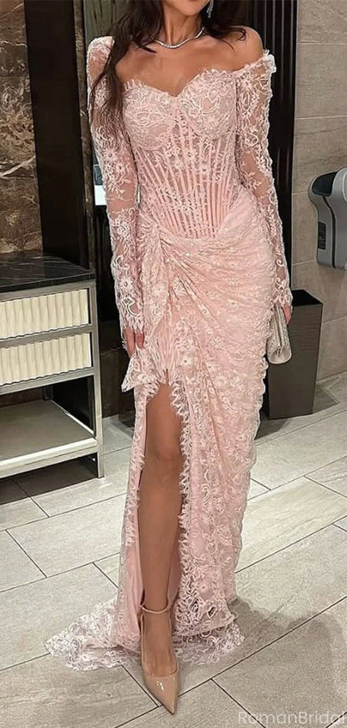 Sexy Pink Long Sleeve Lace Mermaid Long Prom Dress Ideas, Evening Party Dresses, OLP1430